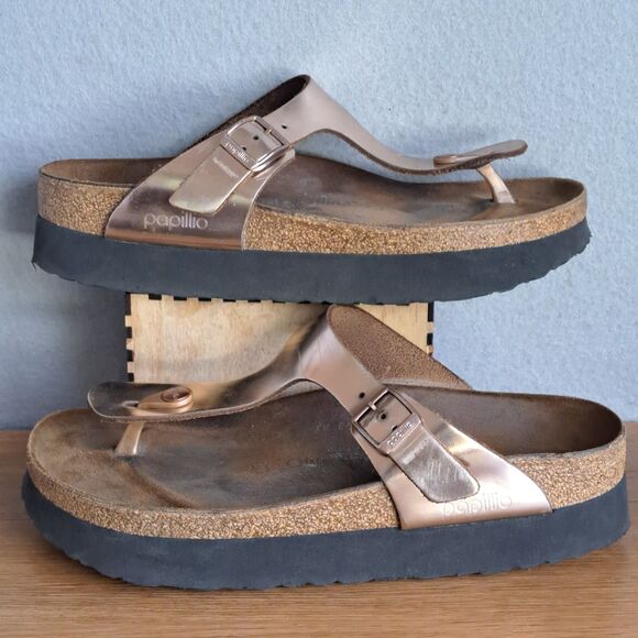 Birkenstock Papillio Gizeh Women 40 9 Silver Metallic Copper Platform Sandals - Picture 5 of 12